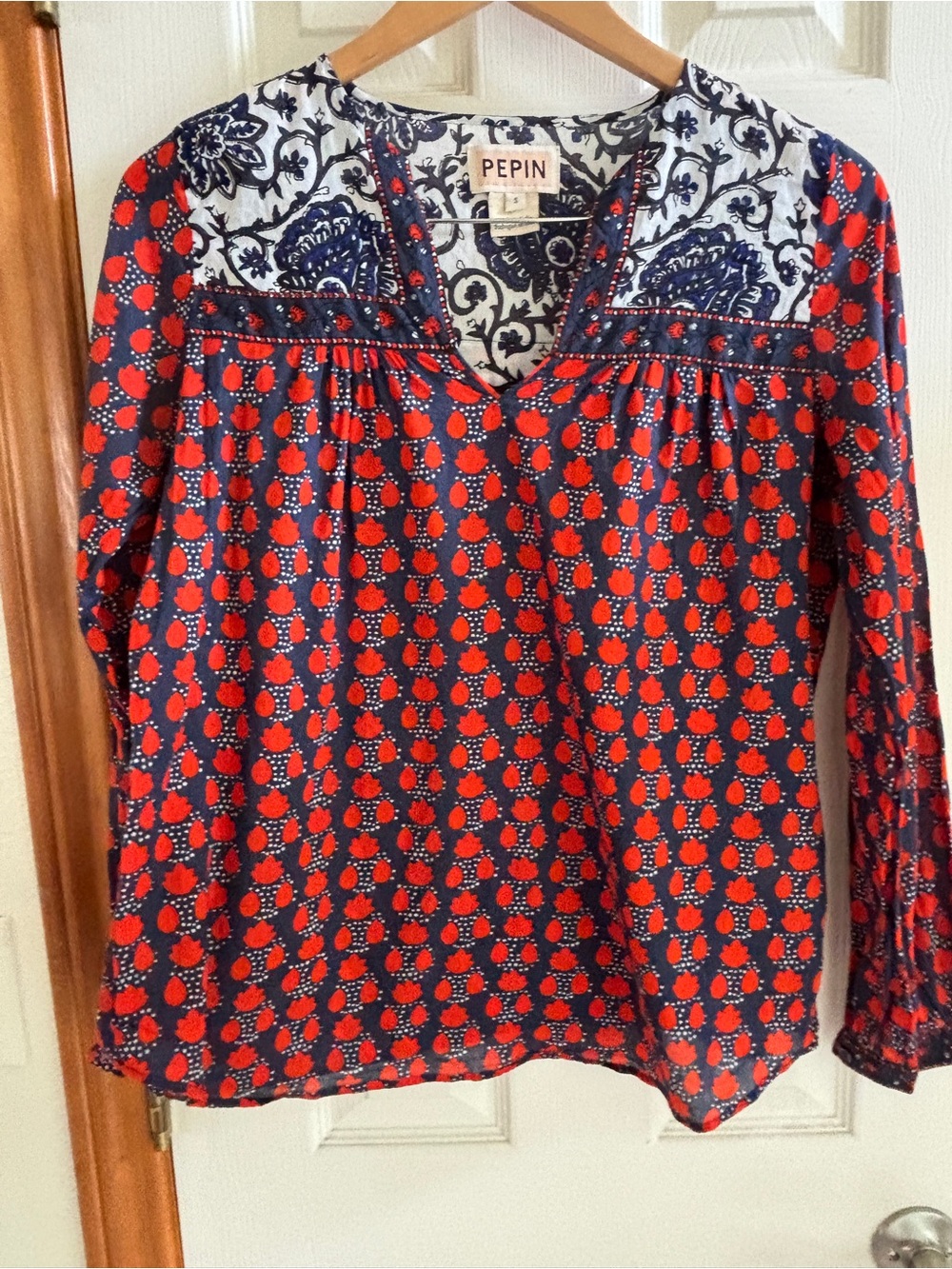 Pepin Red and Navy Printed V-Neck Peasant Blouse
